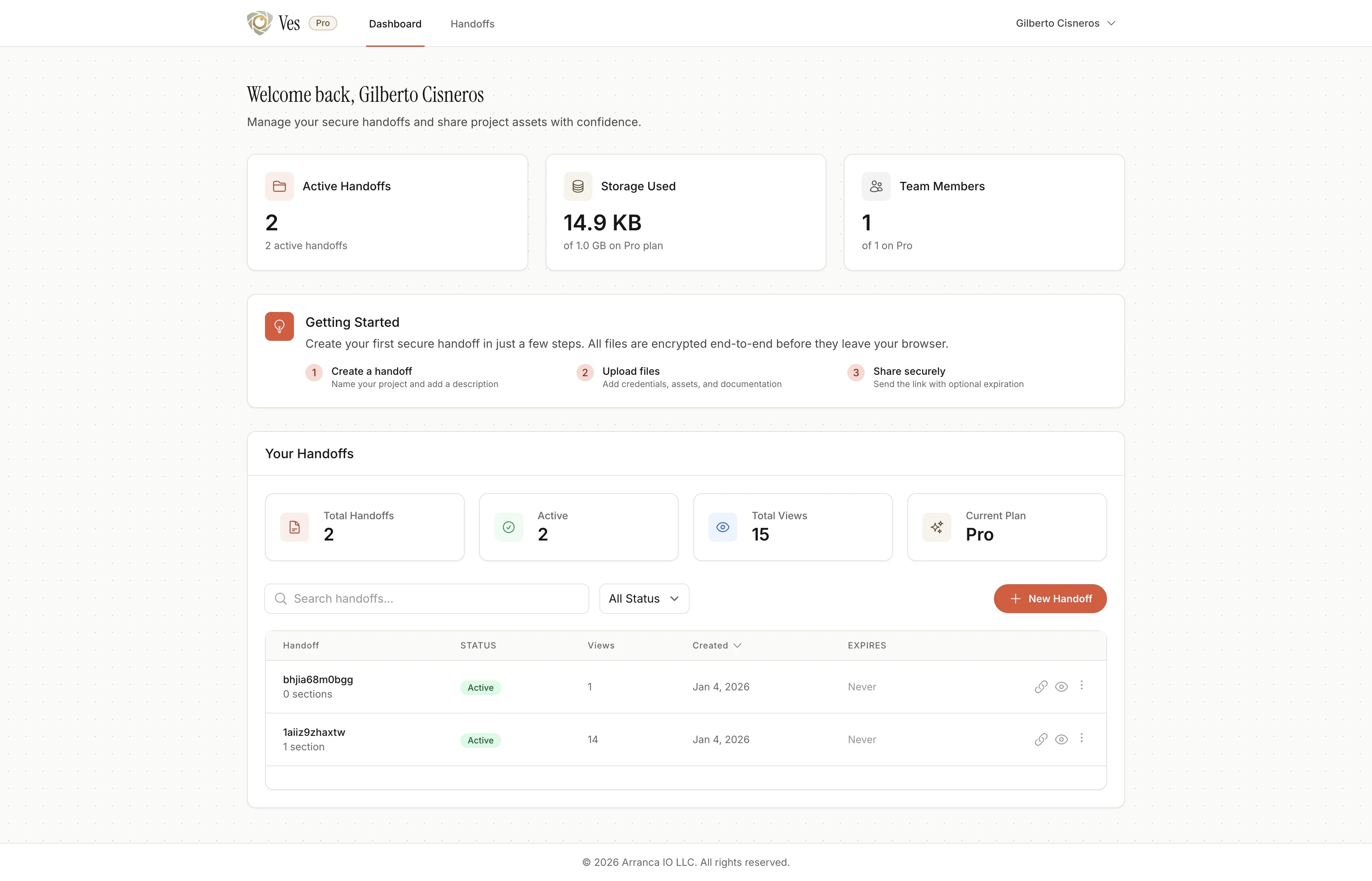 Ves dashboard showing secure handoff management